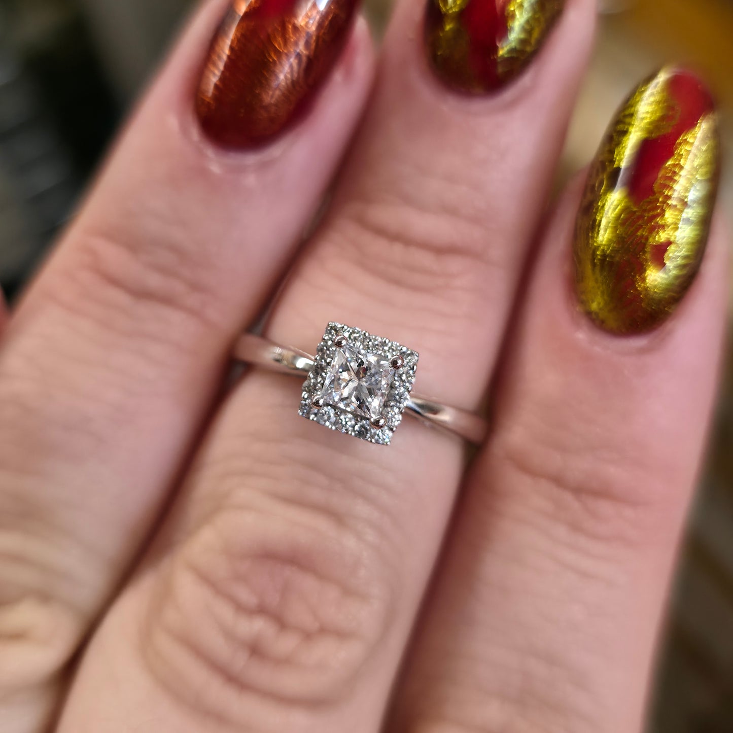 18ct White Gold Princess Cut Diamond Halo Cluster Ring (0.5TCW)