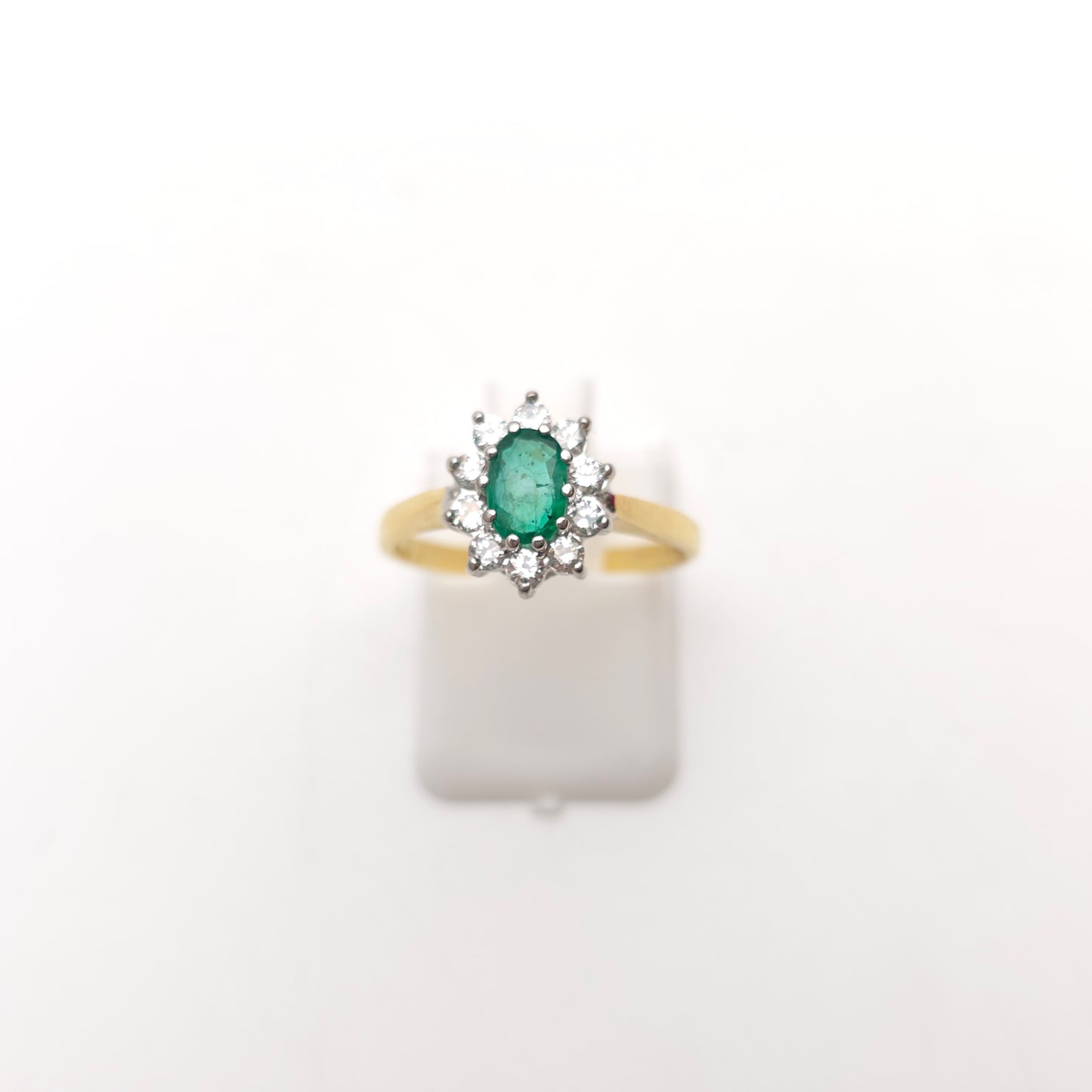 18ct Yellow Gold Traditional Oval Cut Emerald And Diamond Cluster Ring