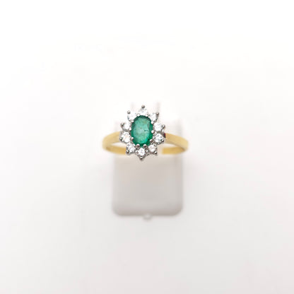 18ct Yellow Gold Traditional Oval Cut Emerald And Diamond Cluster Ring