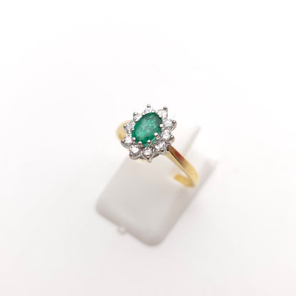 18ct Yellow Gold Traditional Oval Cut Emerald And Diamond Cluster Ring