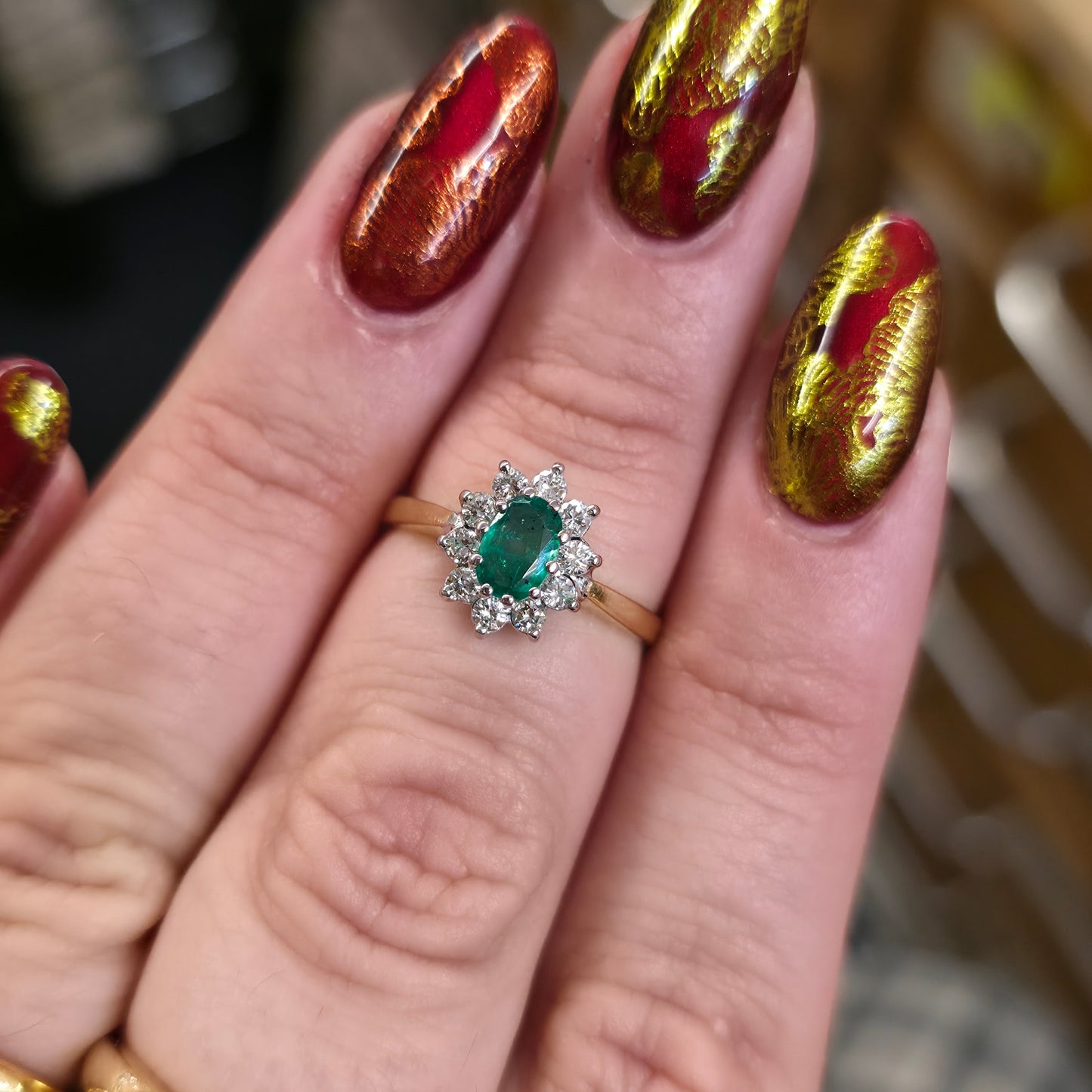 18ct Yellow Gold Traditional Oval Cut Emerald And Diamond Cluster Ring