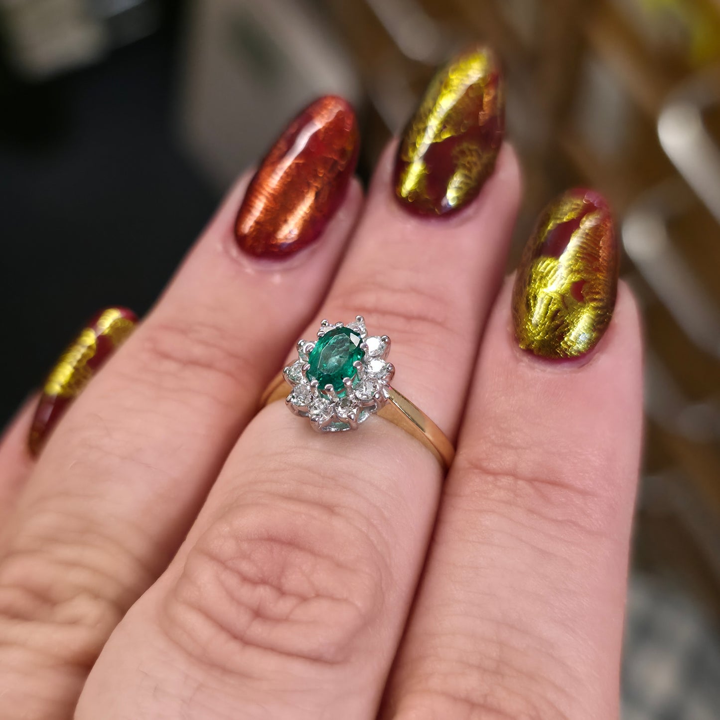 18ct Yellow Gold Traditional Oval Cut Emerald And Diamond Cluster Ring
