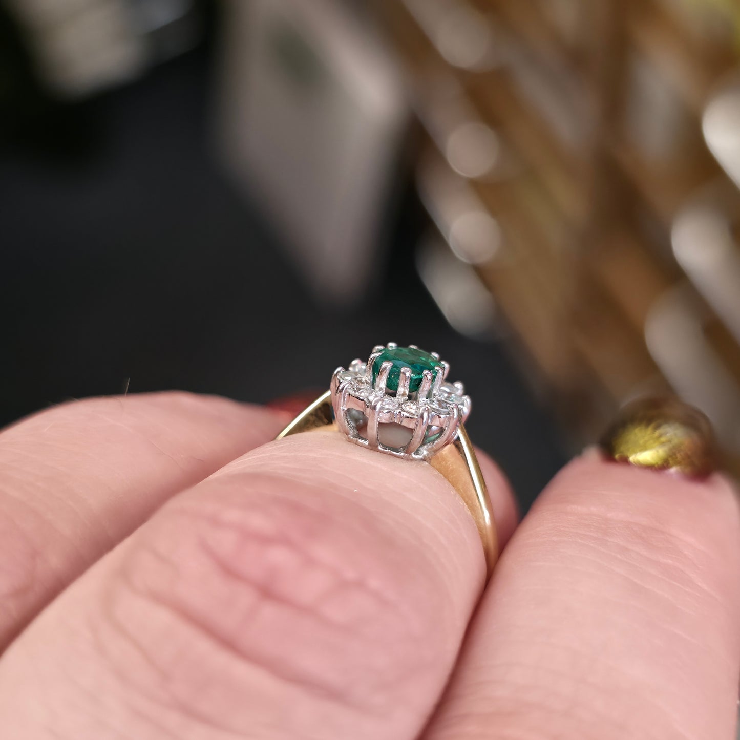 18ct Yellow Gold Traditional Oval Cut Emerald And Diamond Cluster Ring
