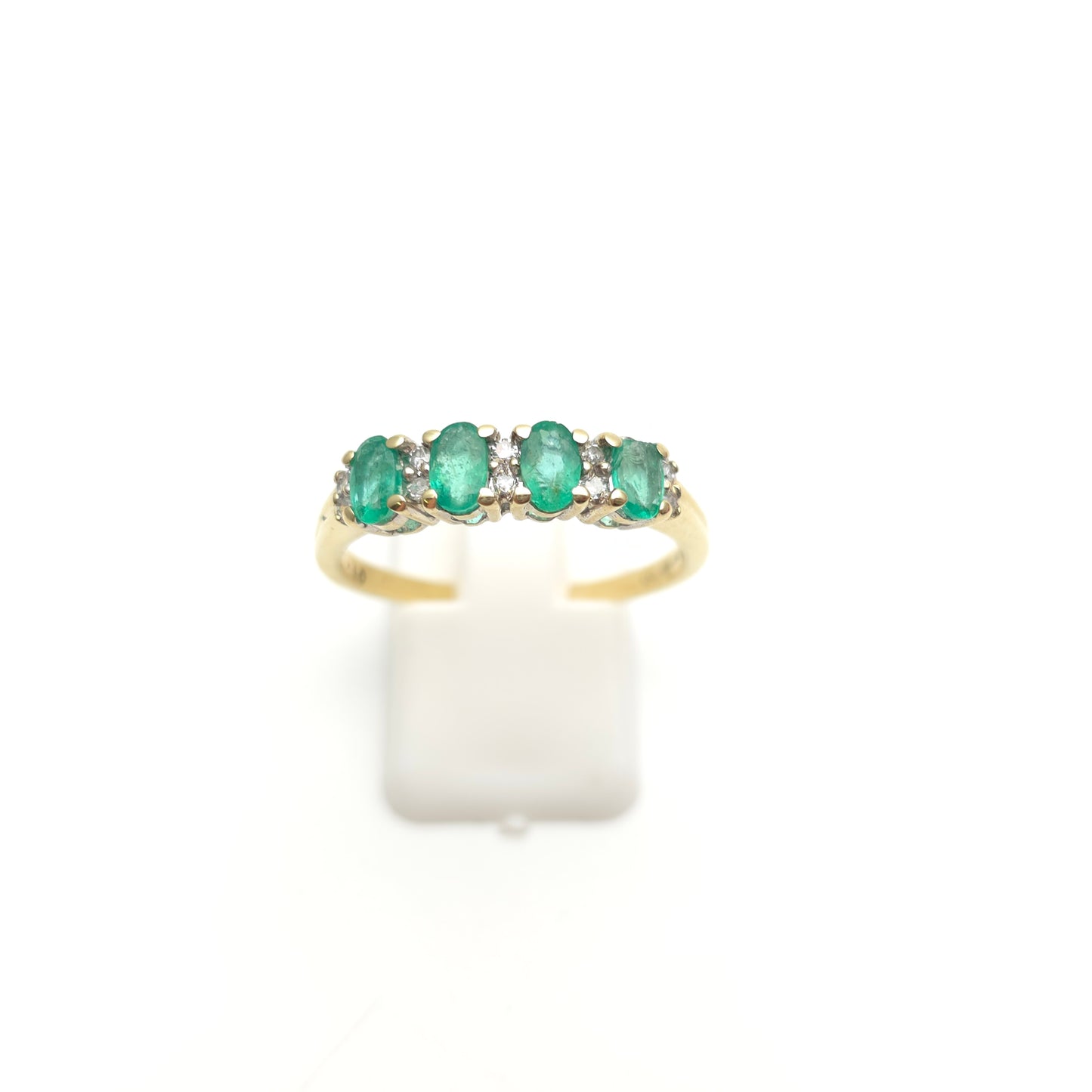 9ct Yellow Gold Multi-Stone Emerald And Diamond Row Ring (AF - Chipped Stones)