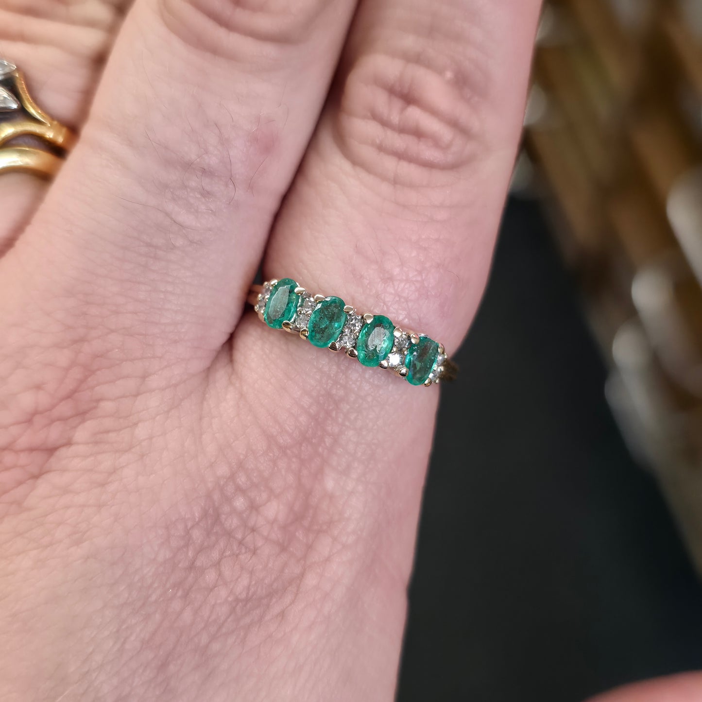 9ct Yellow Gold Multi-Stone Emerald And Diamond Row Ring (AF - Chipped Stones)