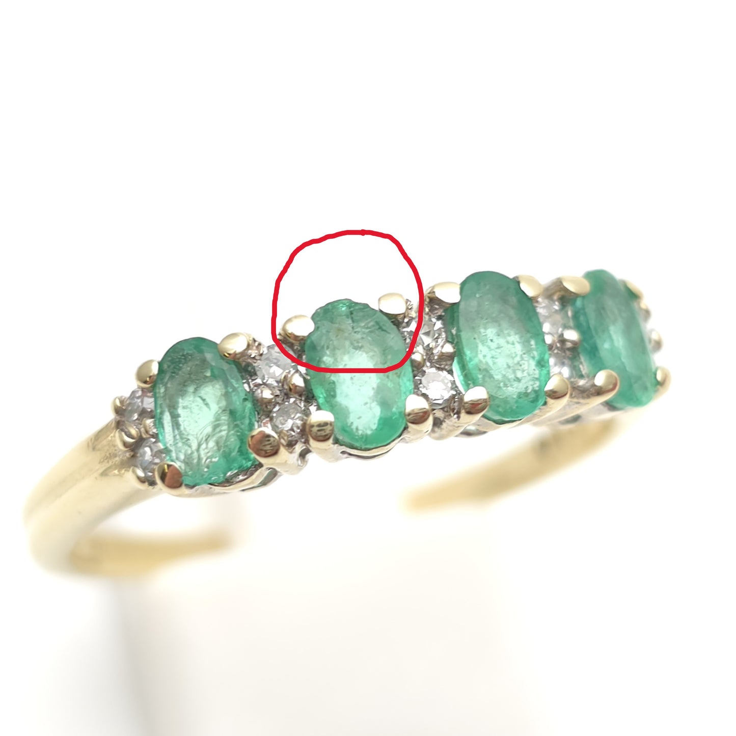 9ct Yellow Gold Multi-Stone Emerald And Diamond Row Ring (AF - Chipped Stones)
