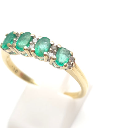 9ct Yellow Gold Multi-Stone Emerald And Diamond Row Ring (AF - Chipped Stones)