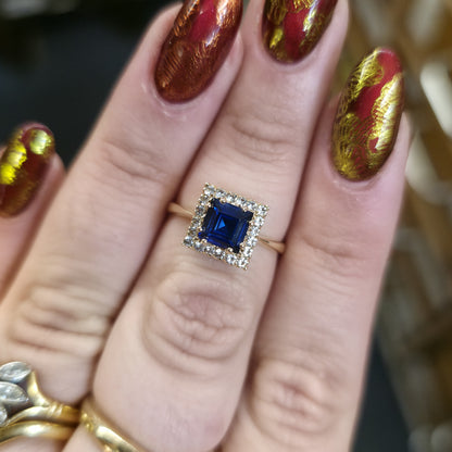 9ct Yellow Gold Princess Cut Synthetic Sapphire & White Spinel Halo Cluster Ring