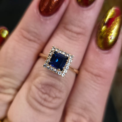 9ct Yellow Gold Princess Cut Synthetic Sapphire & White Spinel Halo Cluster Ring