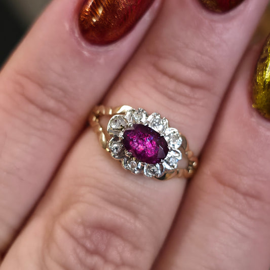 9ct Yellow Gold Vintage Oval East-West Set Ruby And Diamond Cluster
