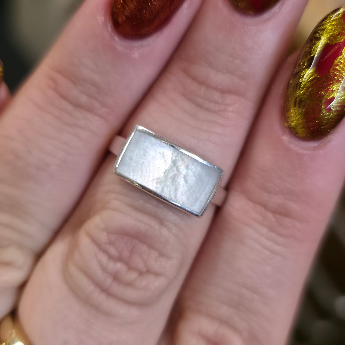 Sterling Silver White Mother Of Pearl Rectangular Panel Ring