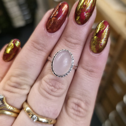Sterling Silver Vintage Rose Quartz Cabochon Solitaire Ring
