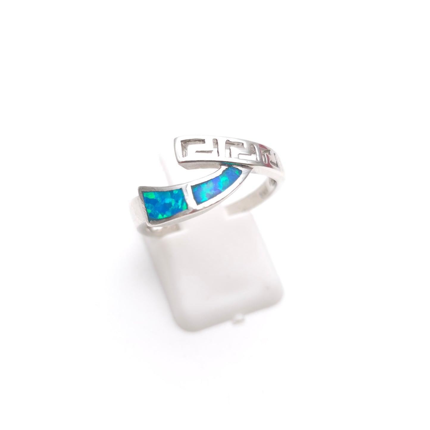 Sterling Silver Blue Synthetic Opal Cut Out Detail Crossover Ring