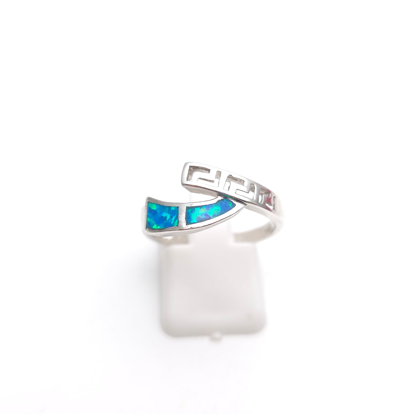 Sterling Silver Blue Synthetic Opal Cut Out Detail Crossover Ring