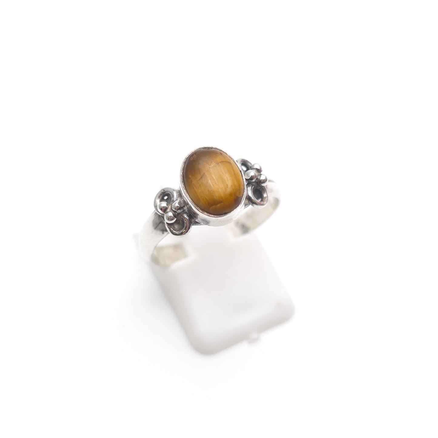 Sterling Silver Vintage Golden Tigers Eye Cabochon Patterned Shoulder Ring