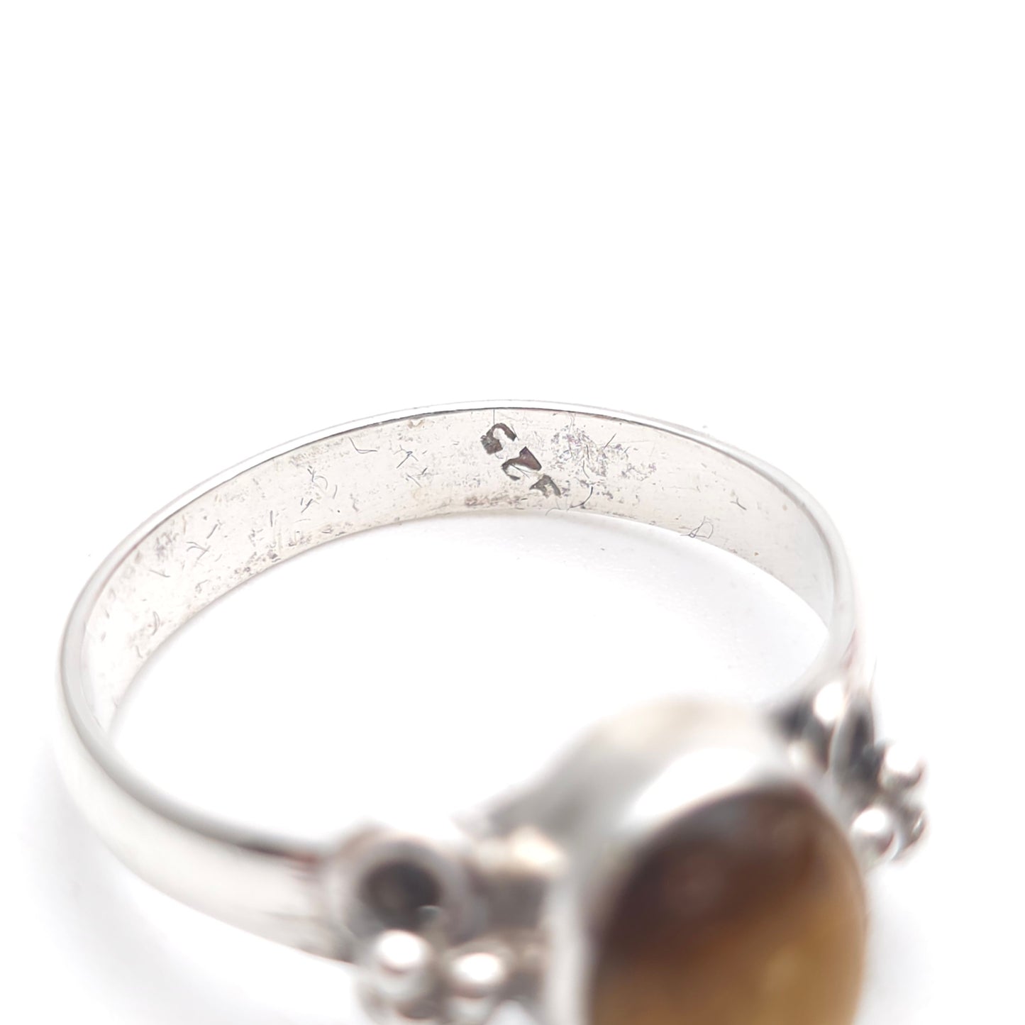 Sterling Silver Vintage Golden Tigers Eye Cabochon Patterned Shoulder Ring