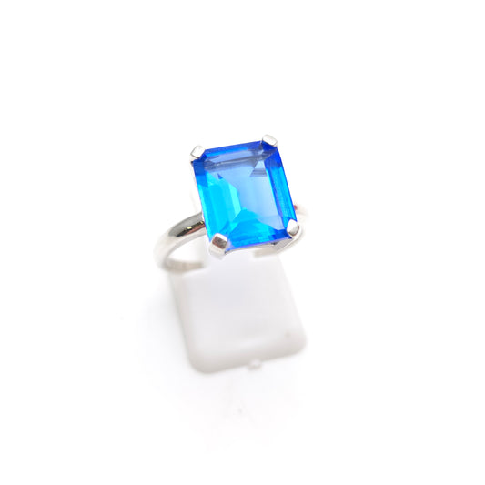 Sterling Silver Bright Blue Rectangular Paste Stone Solitaire Ring