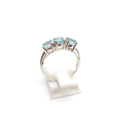 Sterling Silver Vintage Round Cut Blue Topaz Three Stone Trilogy Ring