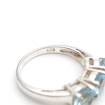 Sterling Silver Vintage Round Cut Blue Topaz Three Stone Trilogy Ring