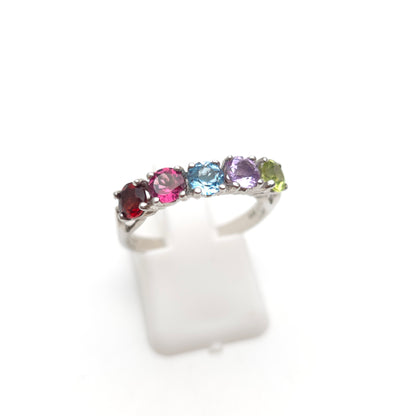 Sterling Silver 5 Stone Round Cut Rainbow Gemstone Row Ring
