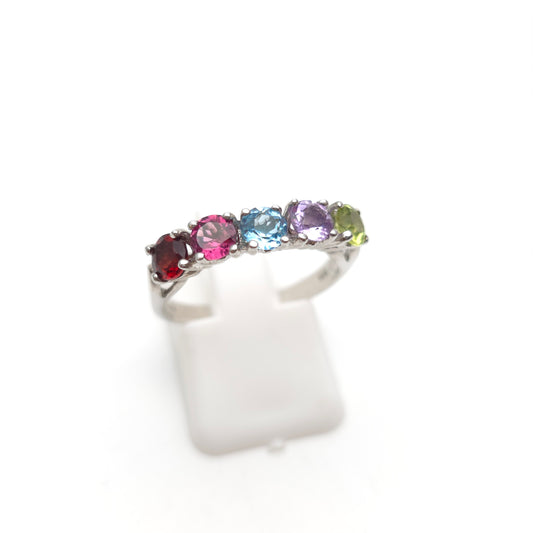 Sterling Silver 5 Stone Round Cut Rainbow Gemstone Row Ring