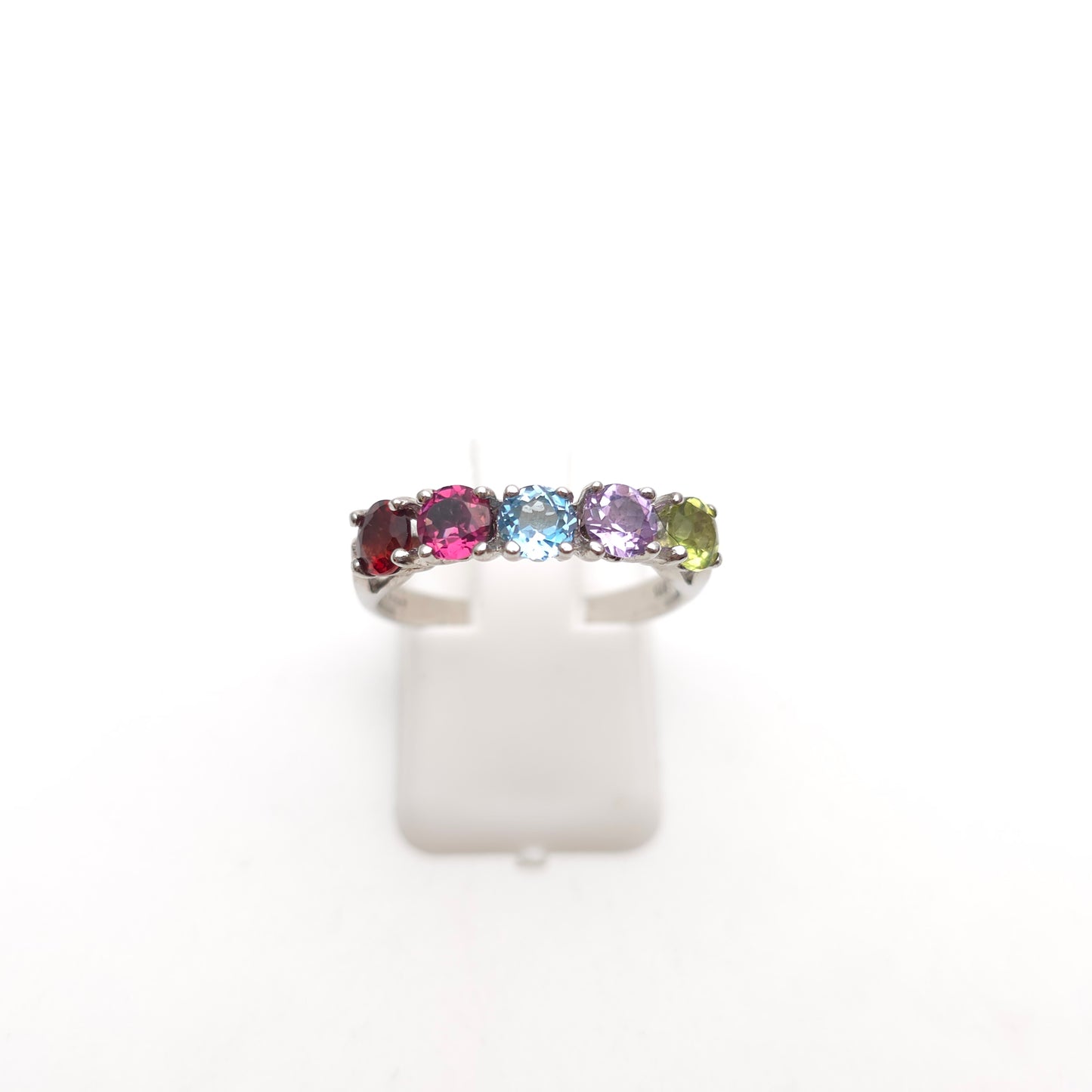 Sterling Silver 5 Stone Round Cut Rainbow Gemstone Row Ring