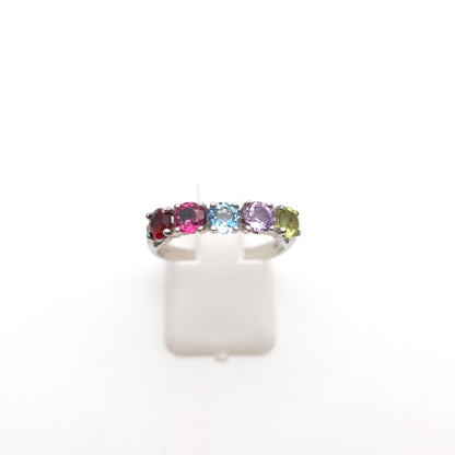 Sterling Silver 5 Stone Round Cut Rainbow Gemstone Row Ring