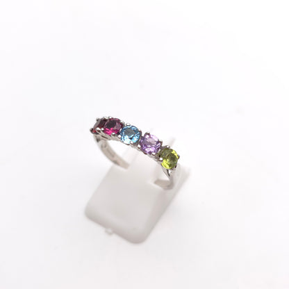 Sterling Silver 5 Stone Round Cut Rainbow Gemstone Row Ring