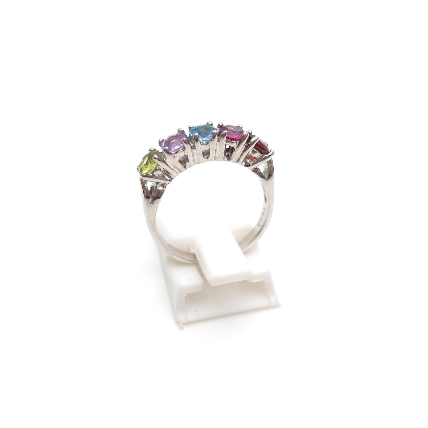 Sterling Silver 5 Stone Round Cut Rainbow Gemstone Row Ring