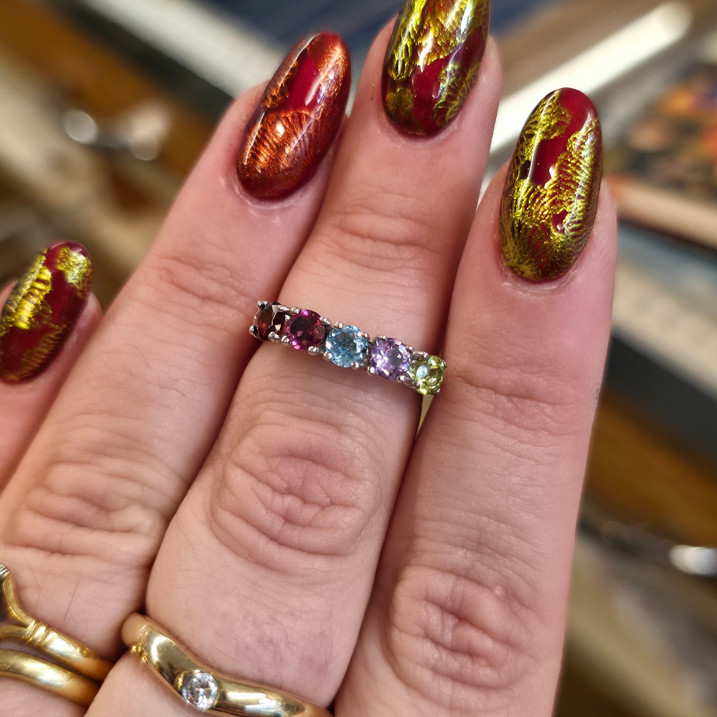 Sterling Silver 5 Stone Round Cut Rainbow Gemstone Row Ring