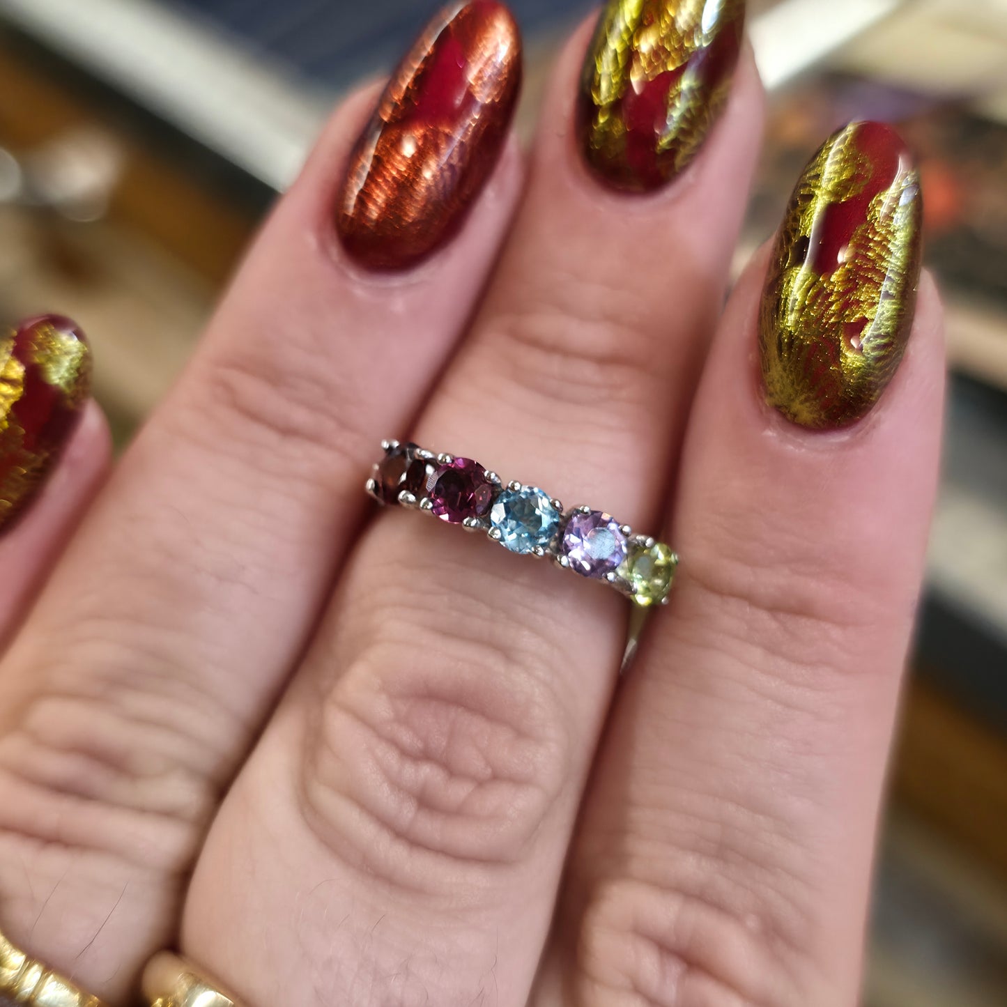 Sterling Silver 5 Stone Round Cut Rainbow Gemstone Row Ring