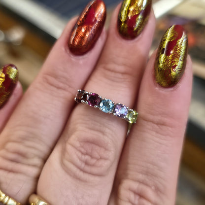 Sterling Silver 5 Stone Round Cut Rainbow Gemstone Row Ring