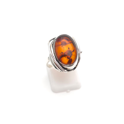Sterling Silver Vintage Oval Cabochon Brown Amber Ring
