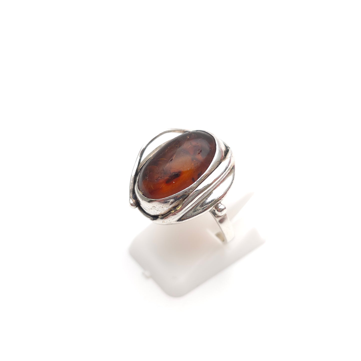 Sterling Silver Vintage Oval Cabochon Brown Amber Ring