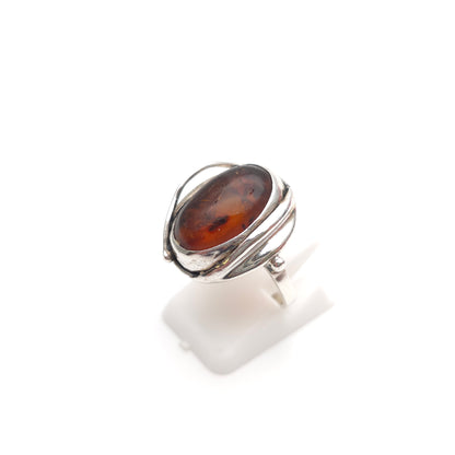 Sterling Silver Vintage Oval Cabochon Brown Amber Ring