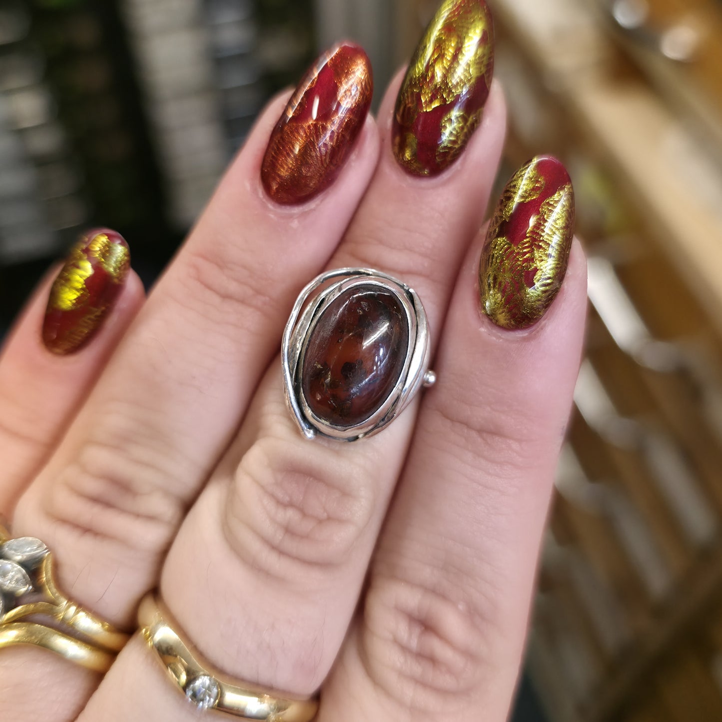 Sterling Silver Vintage Oval Cabochon Brown Amber Ring