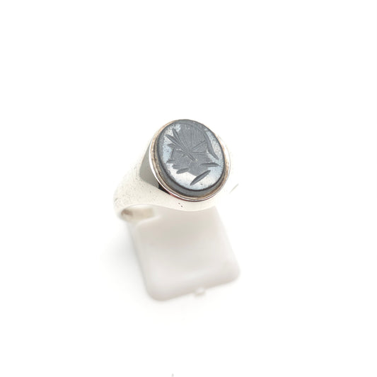 Sterling Silver Vintage Hematite Carved Centurion Signet Ring