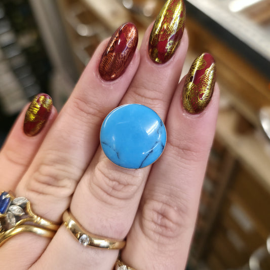 Sterling Silver XL Chunky Turquoise Round Cabochon Statement Cocktail Ring