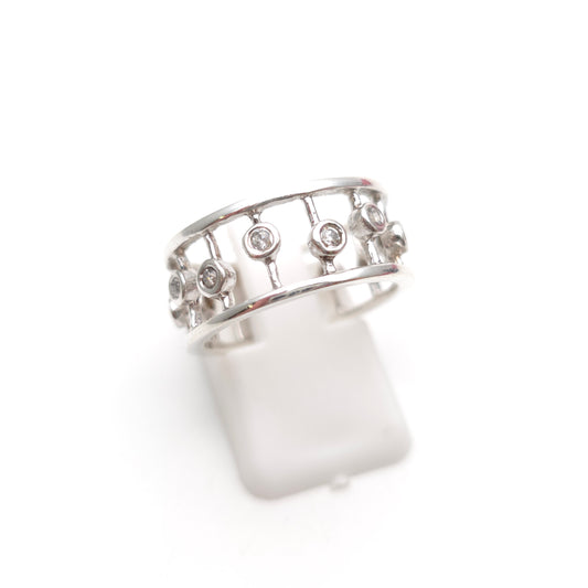 Sterling Silver Wide Openwork Cut Out Detail Cubic Zirconia Band Ring