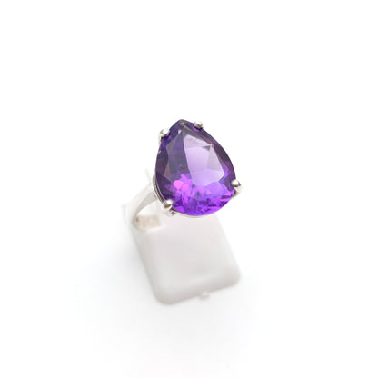 Sterling Silver Large Pear Cut Amethyst Solitaire Cocktail Ring