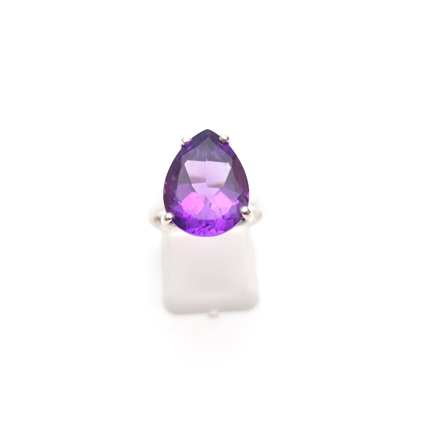 Sterling Silver Large Pear Cut Amethyst Solitaire Cocktail Ring