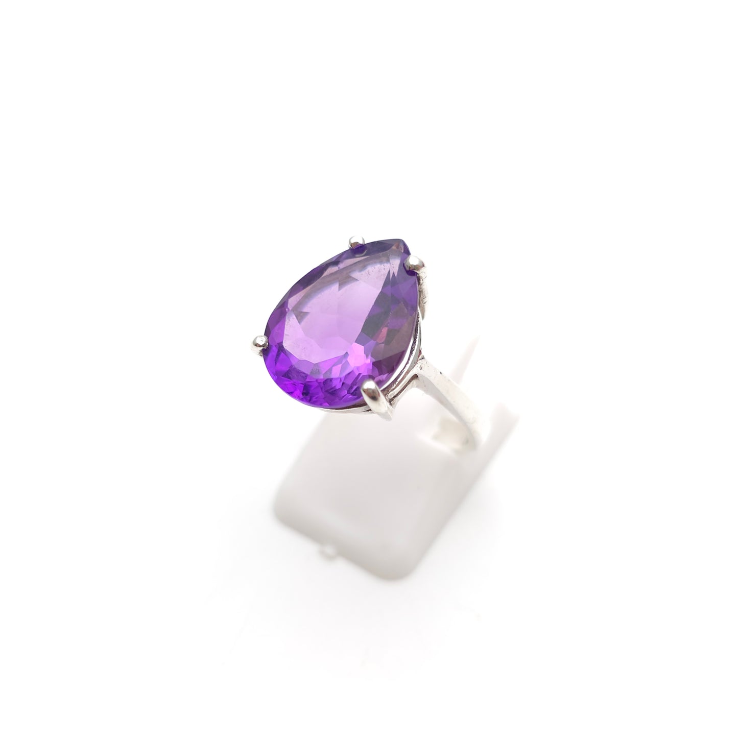 Sterling Silver Large Pear Cut Amethyst Solitaire Cocktail Ring