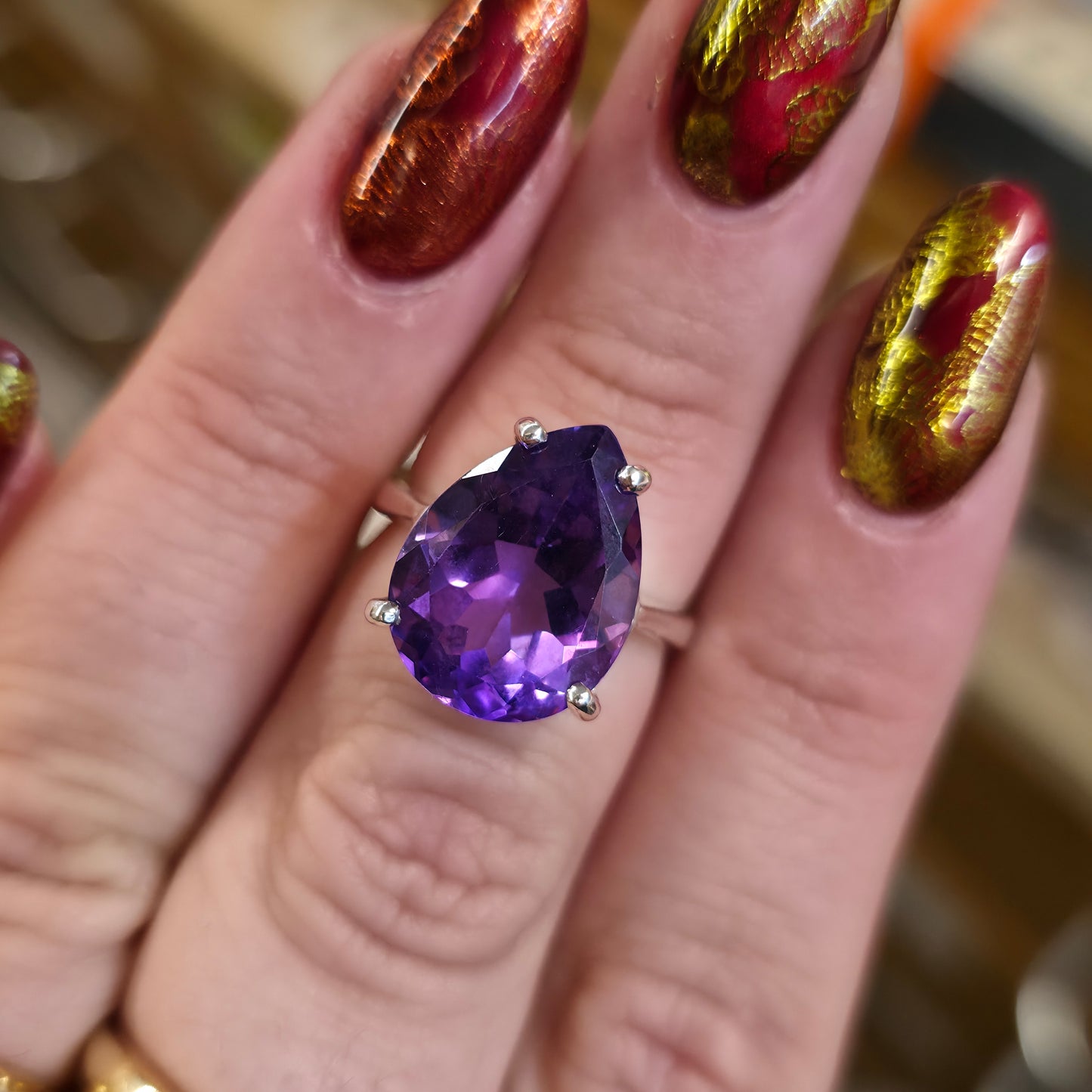 Sterling Silver Large Pear Cut Amethyst Solitaire Cocktail Ring