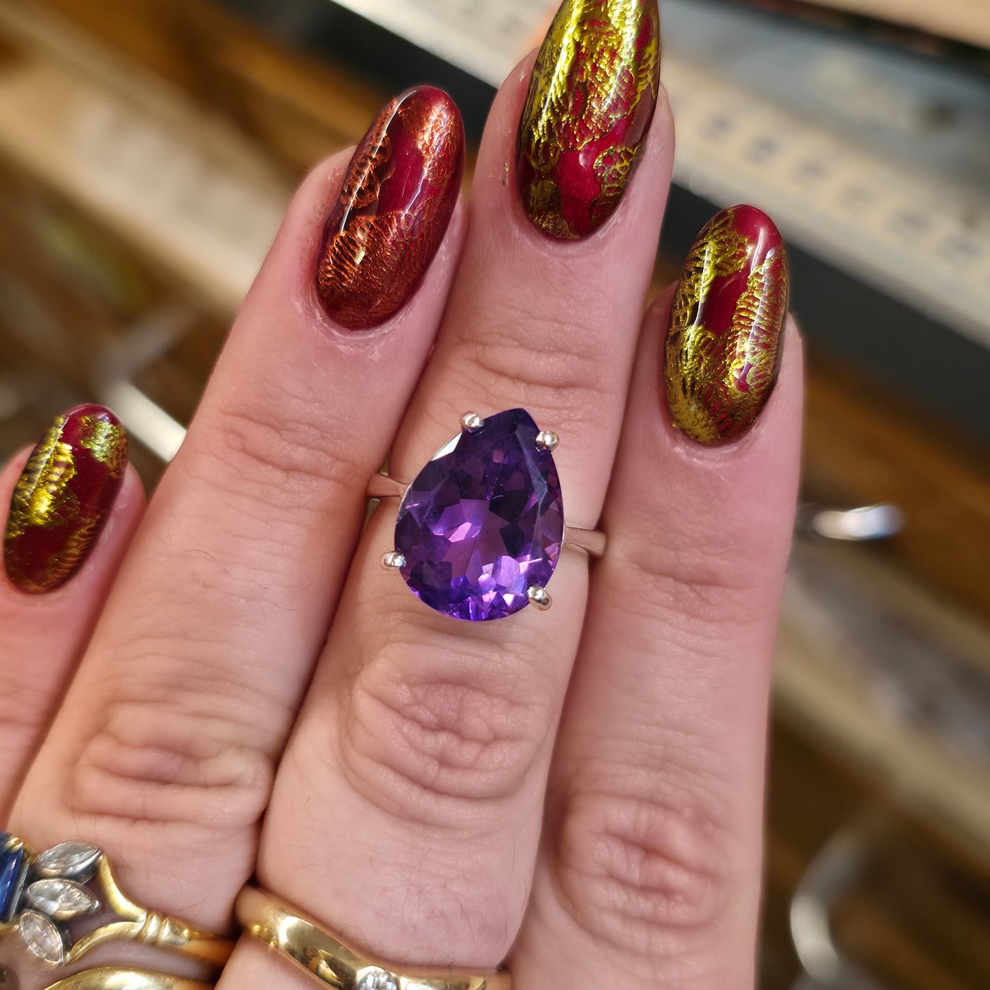 Sterling Silver Large Pear Cut Amethyst Solitaire Cocktail Ring