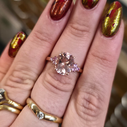 9ct Rose Gold Oval Cut Morganite And Pink Stone Statement Cocktail Ring