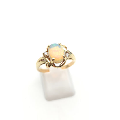 9ct Yellow Gold Vintage Oval Opal Cabochon And Diamond Swirly Setting Ring