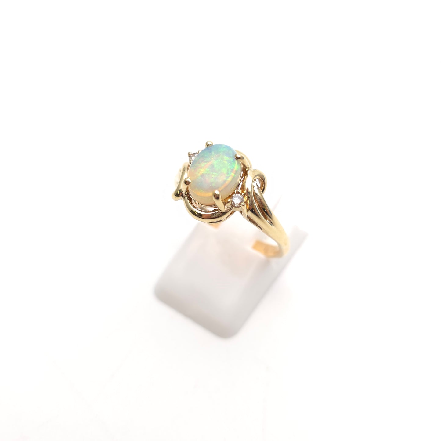 9ct Yellow Gold Vintage Oval Opal Cabochon And Diamond Swirly Setting Ring