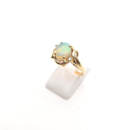 9ct Yellow Gold Vintage Oval Opal Cabochon And Diamond Swirly Setting Ring