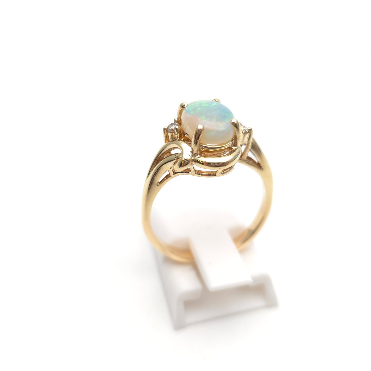 9ct Yellow Gold Vintage Oval Opal Cabochon And Diamond Swirly Setting Ring