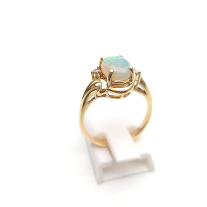 9ct Yellow Gold Vintage Oval Opal Cabochon And Diamond Swirly Setting Ring